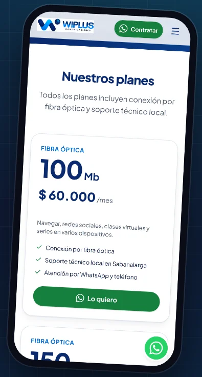 Ejemplo: página de planes de WIPLUS conectada a WhatsApp